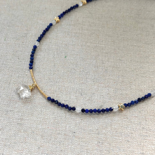 Lapis And Clear Quartz Star Beaded Necklace