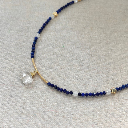 Lapis And Clear Quartz Star Beaded Necklace