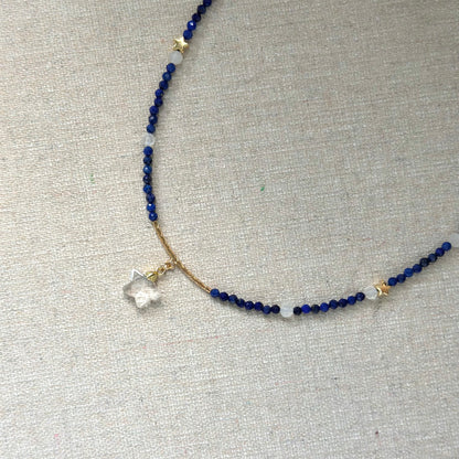 Lapis And Clear Quartz Star Beaded Necklace