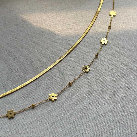 Herringbone & Floral Double Layer 18K Gold-plated Necklace