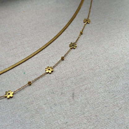 Herringbone & Floral Double Layer 18K Gold-plated Necklace