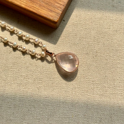 Rose Quartz Pendant And Freshwater Pearl Long Rose Gold-plated Italian Sterling Silver Necklace