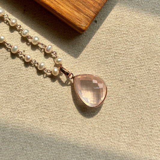 Rose Quartz Pendant And Freshwater Pearl Long Rose Gold-plated Italian Sterling Silver Necklace