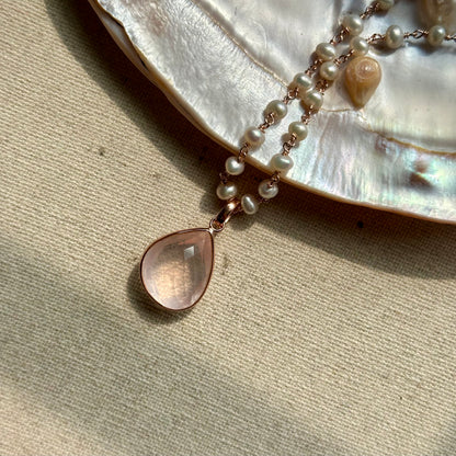 Rose Quartz Pendant And Freshwater Pearl Long Rose Gold-plated Italian Sterling Silver Necklace