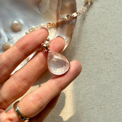 Rose Quartz Pendant And Freshwater Pearl Long Rose Gold-plated Italian Sterling Silver Necklace