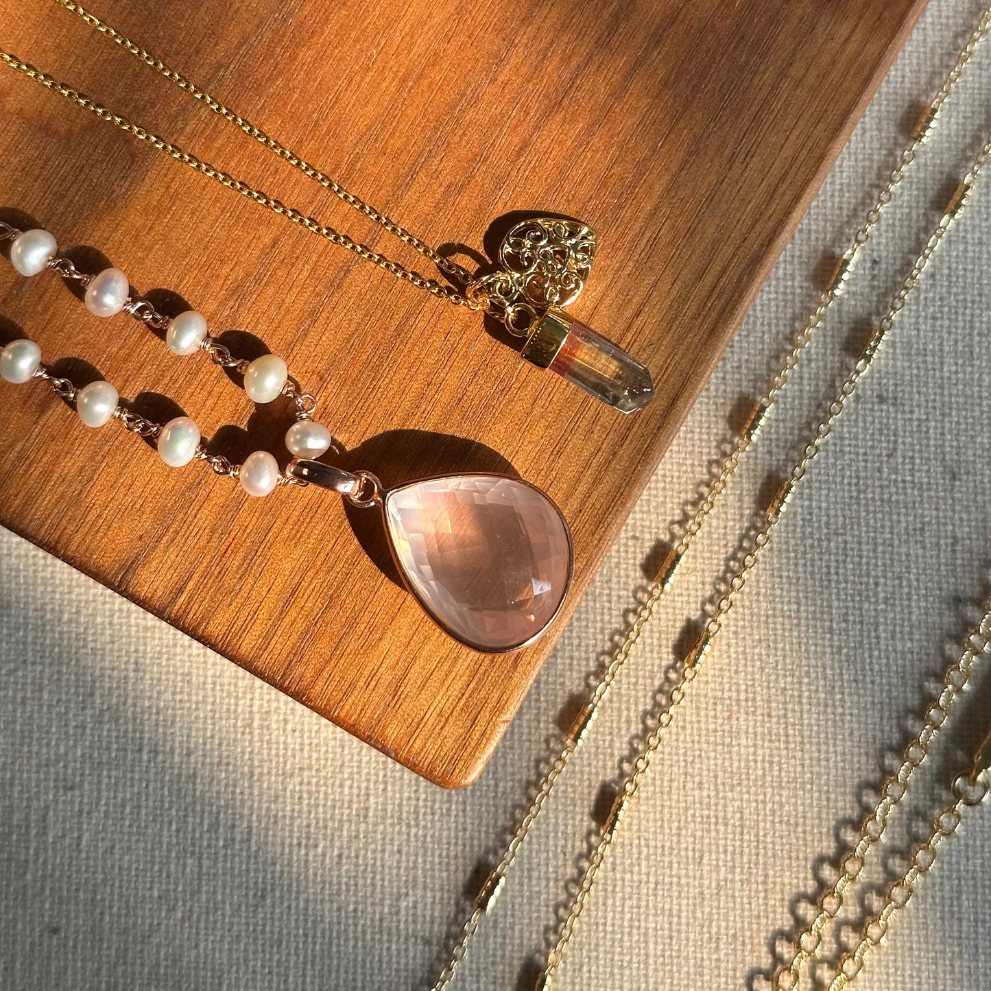 Rose Quartz Pendant And Freshwater Pearl Long Rose Gold-plated Italian Sterling Silver Necklace