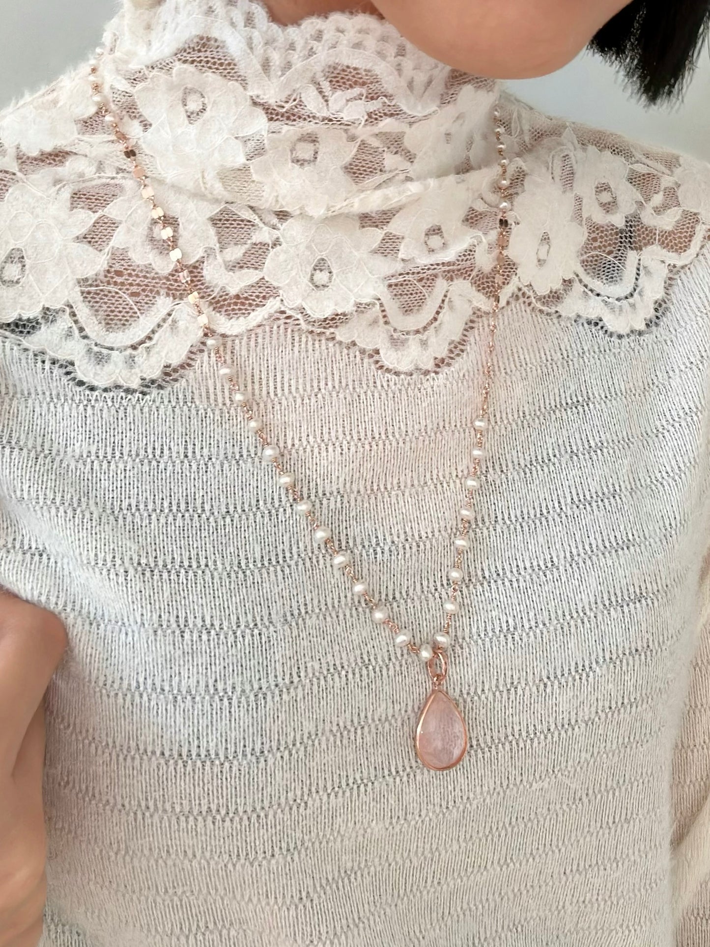 Rose Quartz Pendant And Freshwater Pearl Long Rose Gold-plated Italian Sterling Silver Necklace