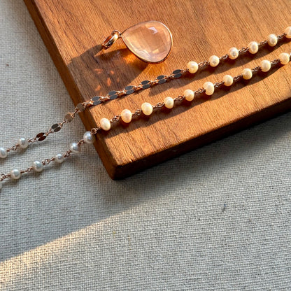 Rose Quartz Pendant And Freshwater Pearl Long Rose Gold-plated Italian Sterling Silver Necklace