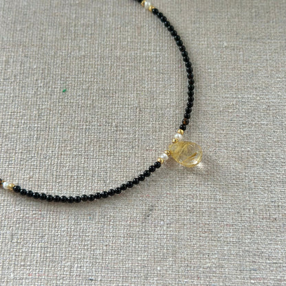 Black Onyx And Golden Rutilated Quartz Beaded Necklace