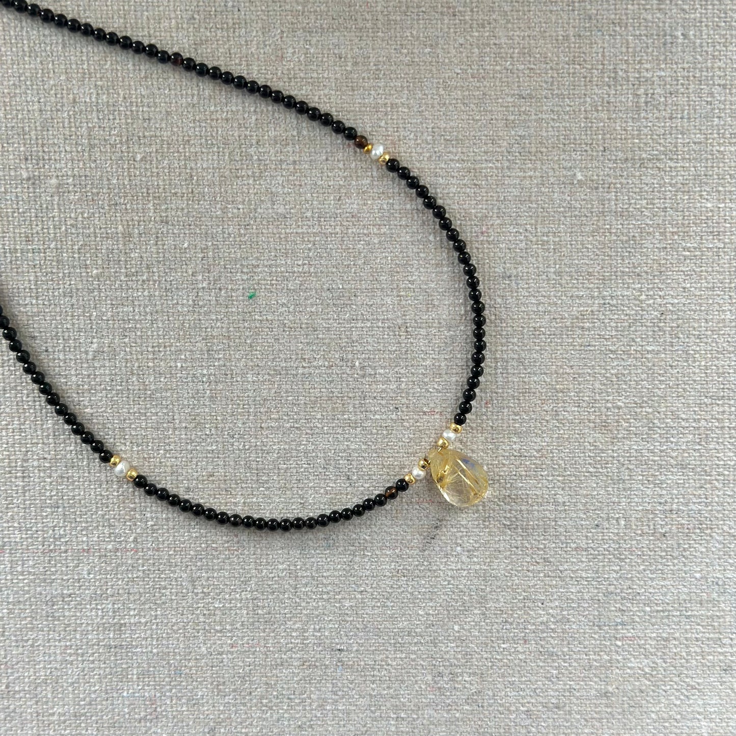 Black Onyx And Golden Rutilated Quartz Beaded Necklace