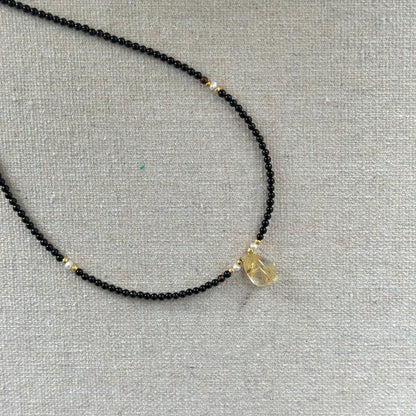 Black Onyx And Golden Rutilated Quartz Beaded Necklace