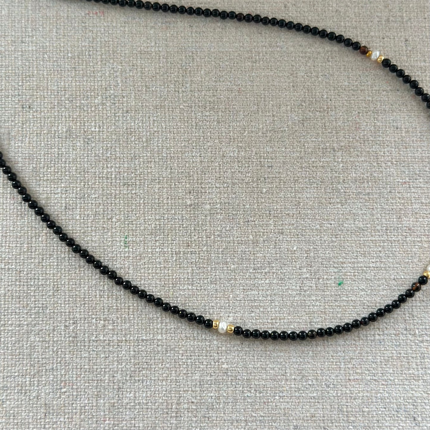 Black Onyx And Golden Rutilated Quartz Beaded Necklace