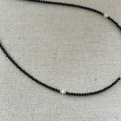Black Onyx And Golden Rutilated Quartz Beaded Necklace