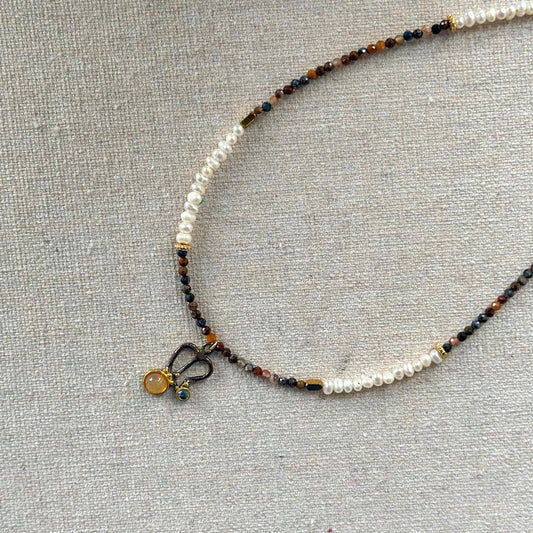 Pietersite Mixed Freshwater Pearl Beaded And Opal Necklace