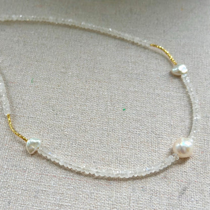 Moonstone And Freshwater Pearl Beaded Asymmetric Necklace