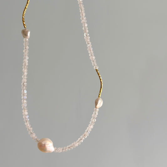 Moonstone And Freshwater Pearl Beaded Asymmetric Necklace