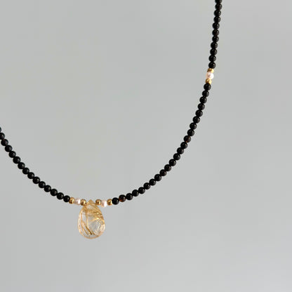 Black Onyx And Golden Rutilated Quartz Beaded Necklace