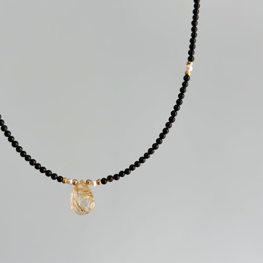 Black Onyx And Golden Rutilated Quartz Beaded Necklace