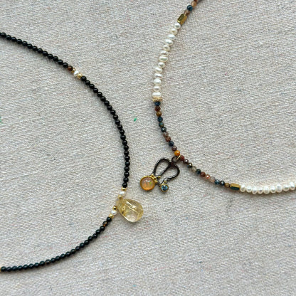 Black Onyx And Golden Rutilated Quartz Beaded Necklace