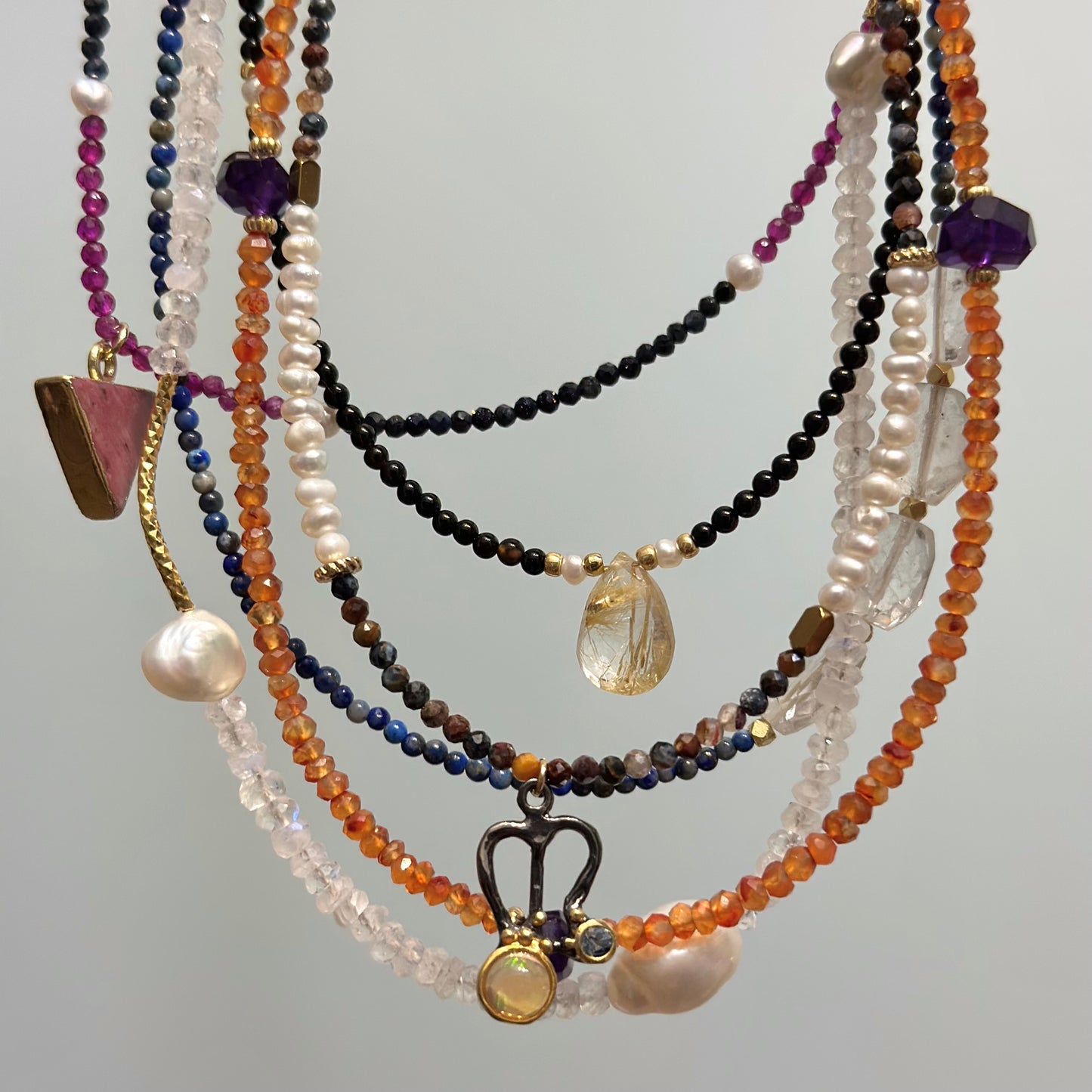 Moonstone And Freshwater Pearl Beaded Asymmetric Necklace