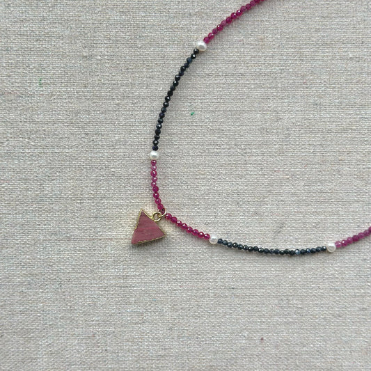 Ruby Mixed Sapphire Beaded And Rhodonite Necklace