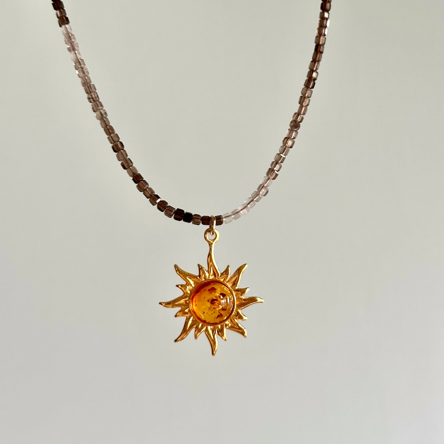 Smoky Quartz Beaded And Amber Necklace