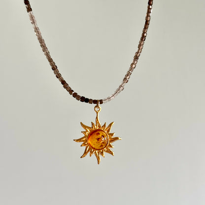 Smoky Quartz Beaded And Amber Necklace