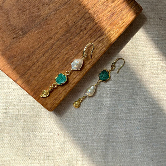 Malachite And Freshwater Pearl Gold-plated Earring