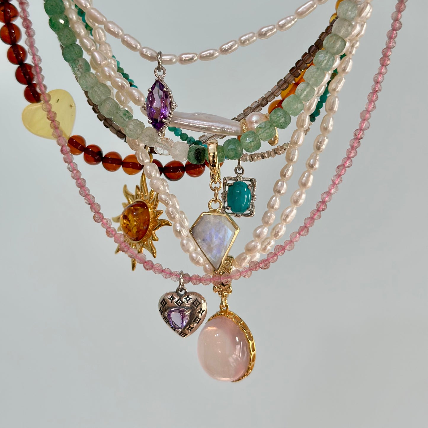 Smoky Quartz Beaded And Amber Necklace