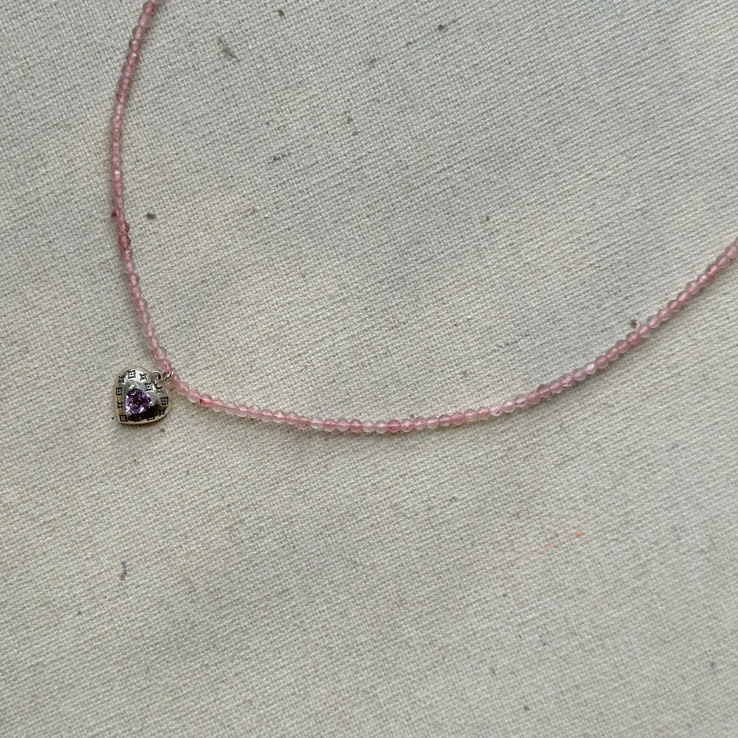 Pink Strawberry Quartz Beaded And Amethyst Heart Necklace