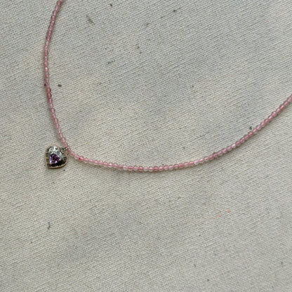 Pink Strawberry Quartz Beaded And Amethyst Heart Necklace