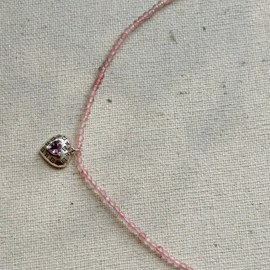 Pink Strawberry Quartz Beaded And Amethyst Heart Necklace