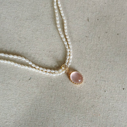 Two-way Rose Quartz And Double Layer Freshwater Pearl Beaded Necklace