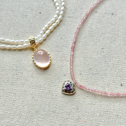 Pink Strawberry Quartz Beaded And Amethyst Heart Necklace
