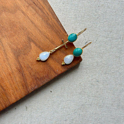 Turquoise And Moonstone Cross Gold-plated Earring