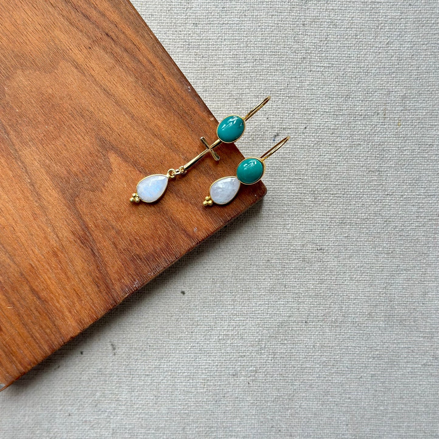 Turquoise And Moonstone Cross Gold-plated Earring