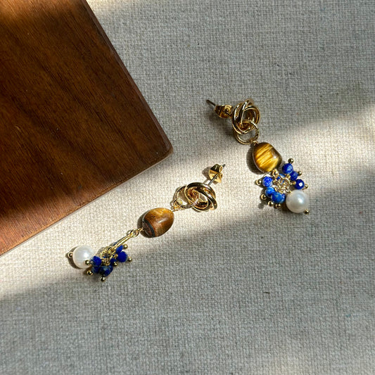 Tiger Eye And Freshwater Pearl Mixed Lapis Gold-plated Earring