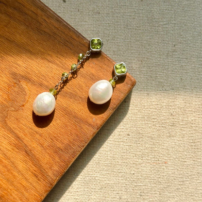 Peridot And Freshwater Pearl Asymmetric Sterling Silver Earring