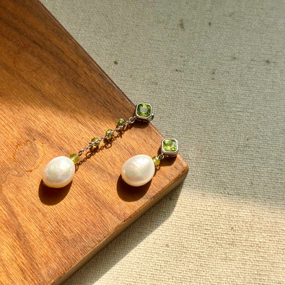 Peridot And Freshwater Pearl Asymmetric Sterling Silver Earring