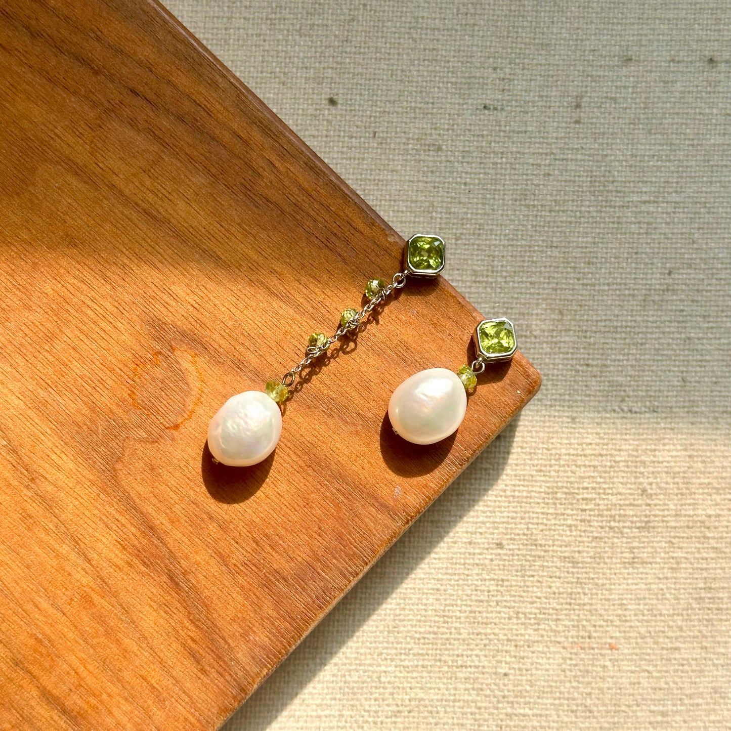 Peridot And Freshwater Pearl Asymmetric Sterling Silver Earring