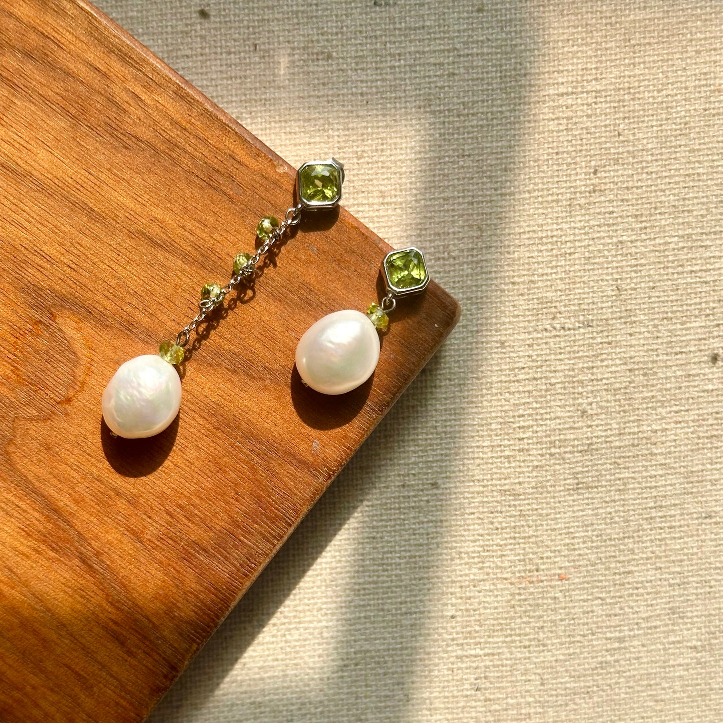 Peridot And Freshwater Pearl Asymmetric Sterling Silver Earring