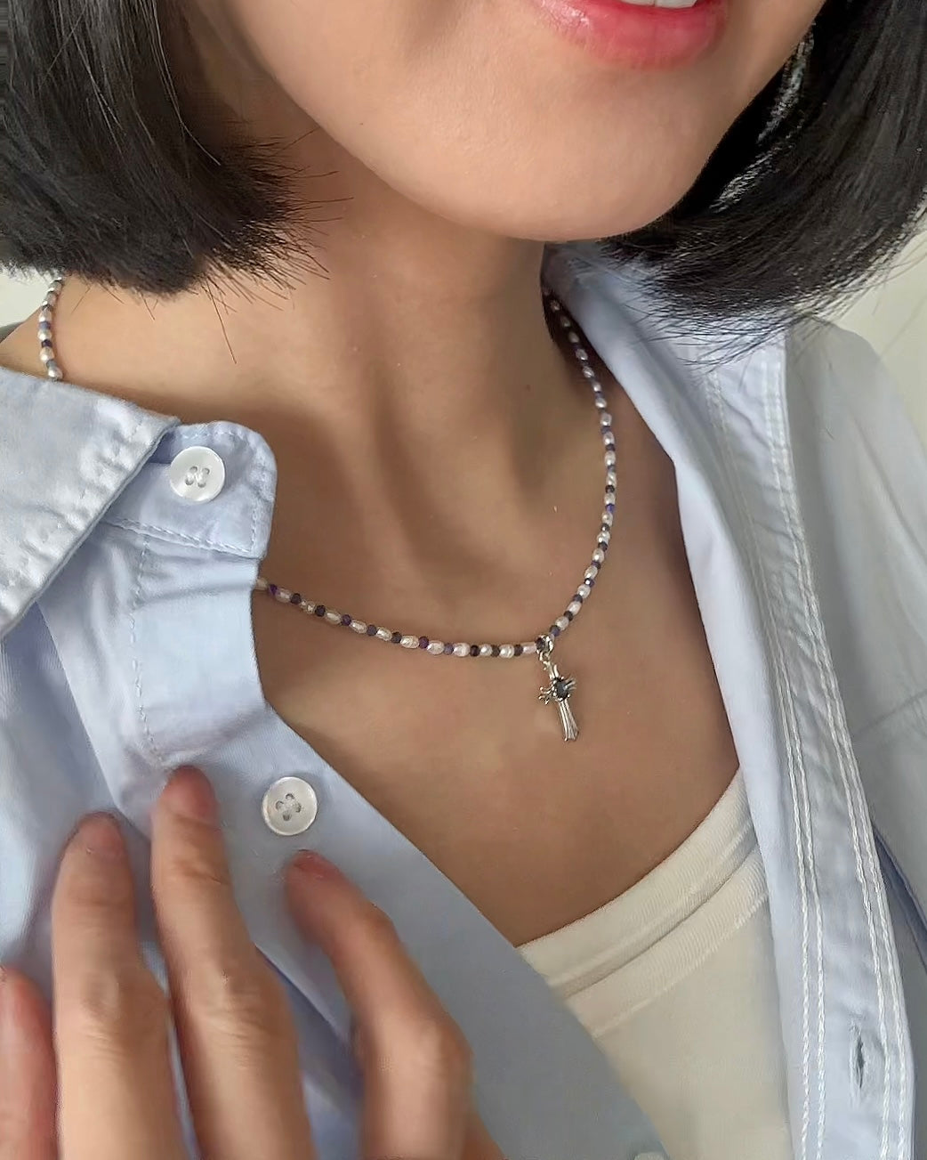 Sodalite Beaded And Sapphire Cross Necklace