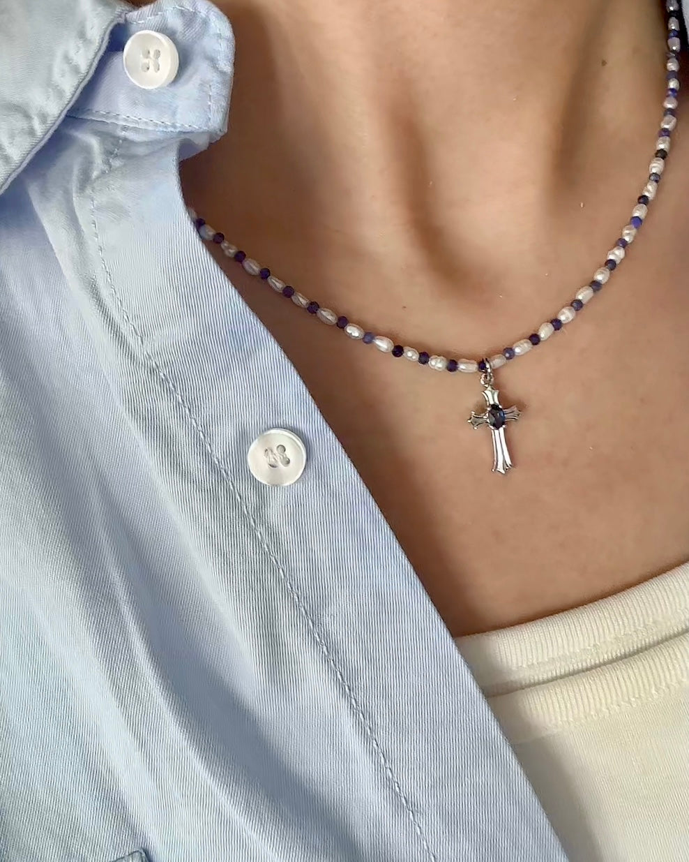 Sodalite Beaded And Sapphire Cross Necklace