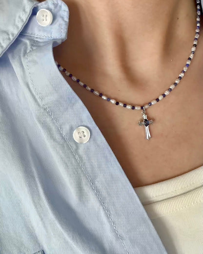 Sodalite Beaded And Sapphire Cross Necklace