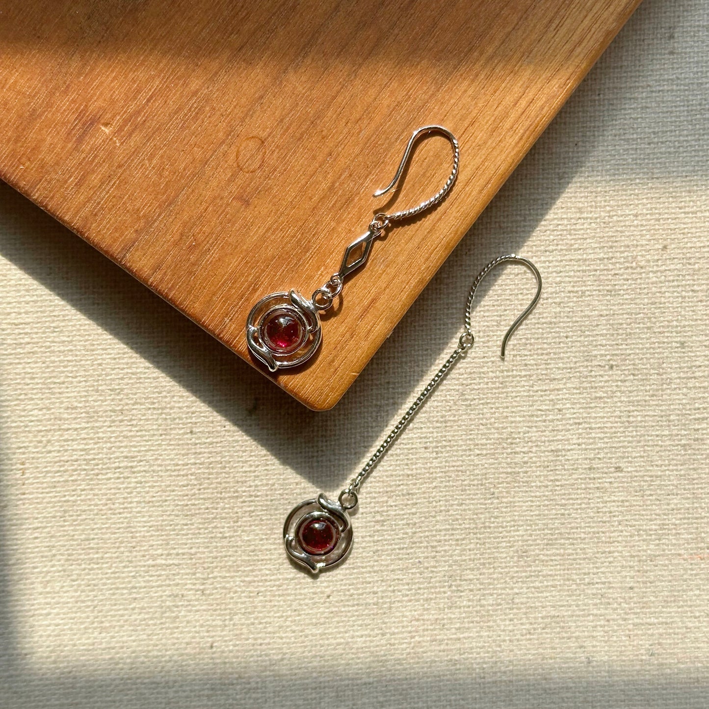 Garnet Asymmetric Sterling Silver Earring