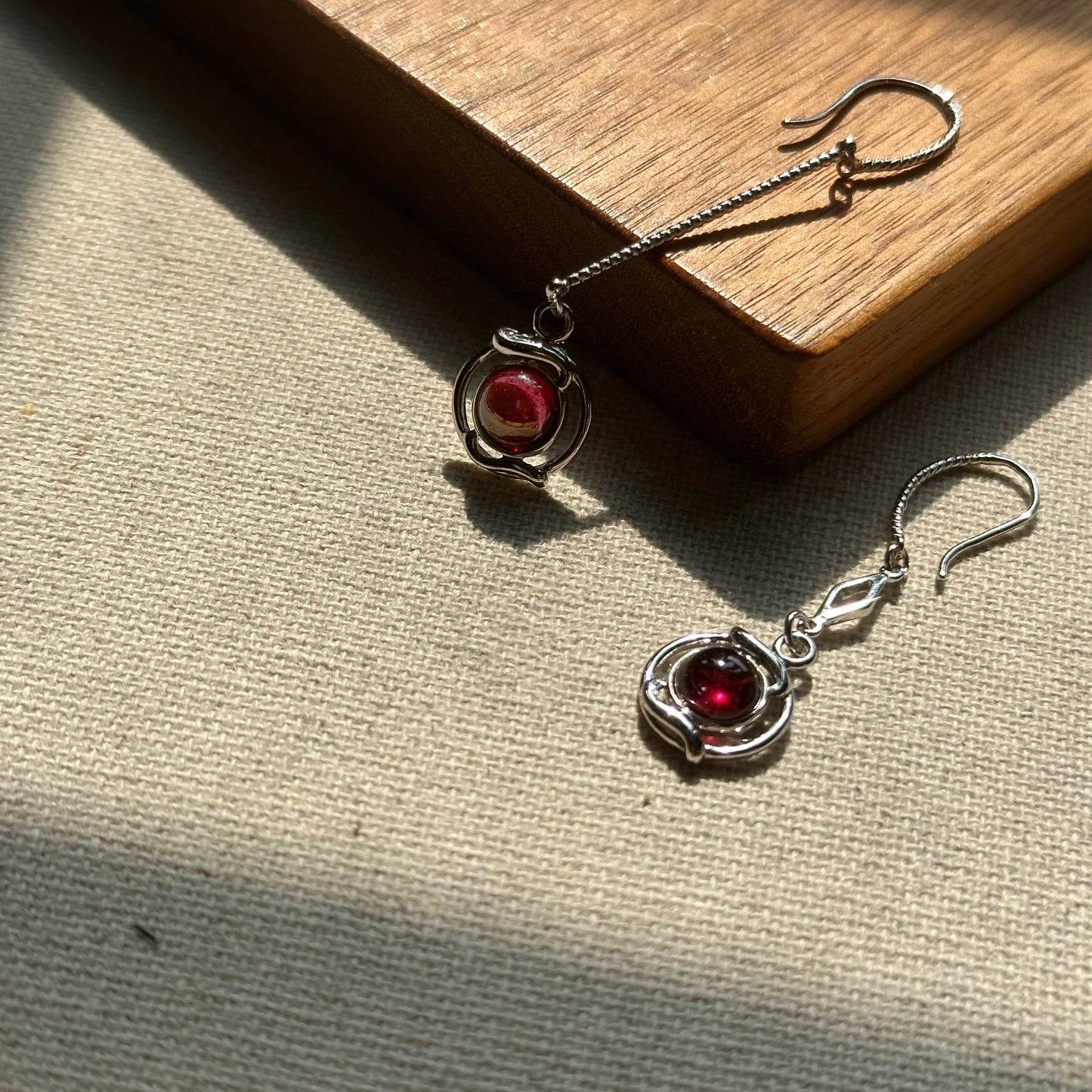 Garnet Asymmetric Sterling Silver Earring