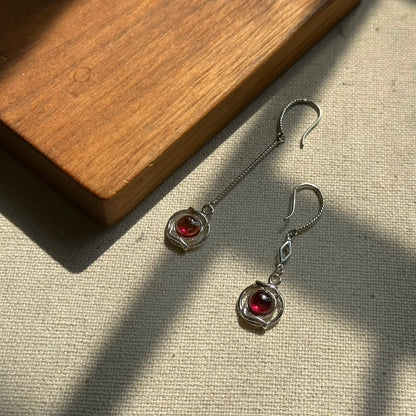 Garnet Asymmetric Sterling Silver Earring