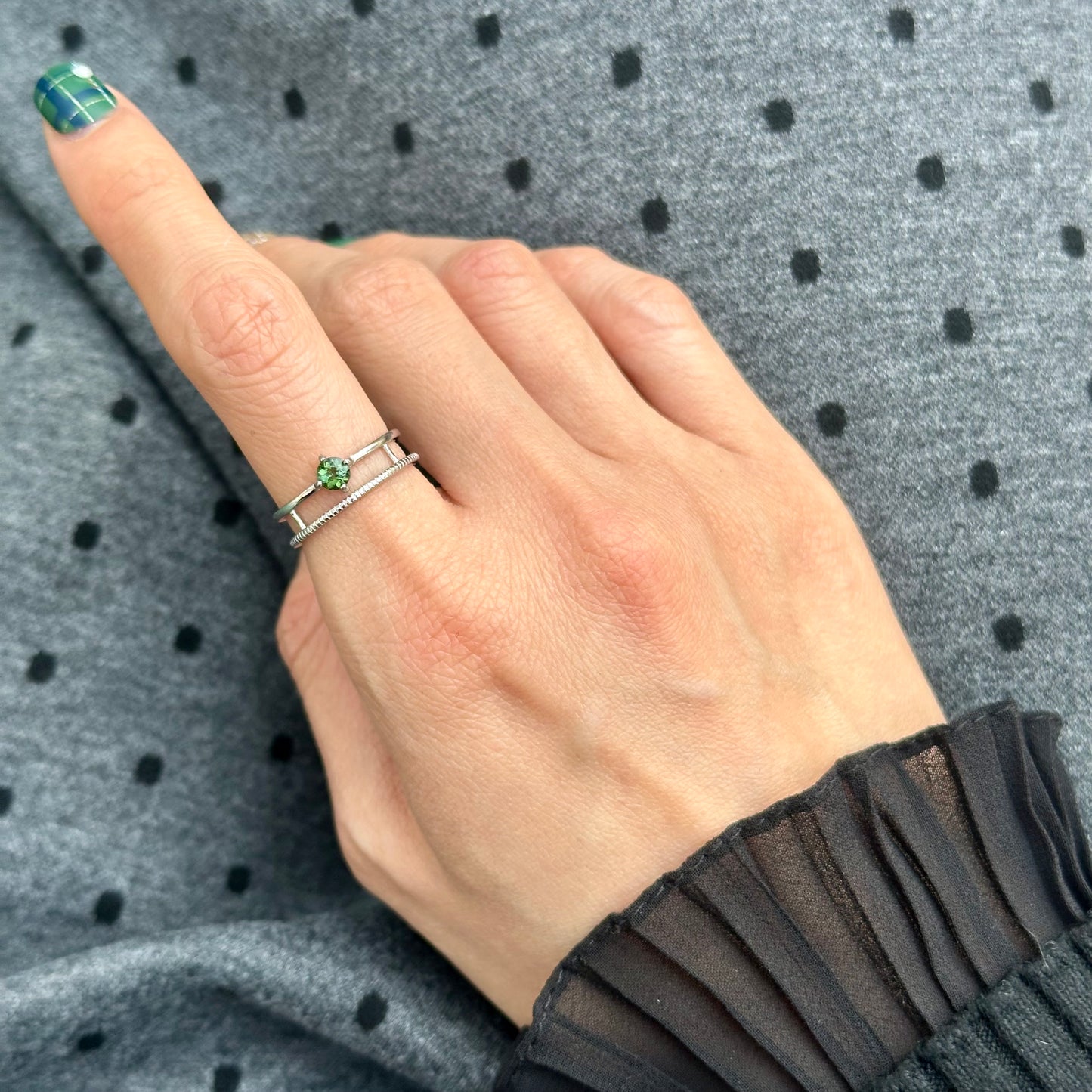 Green Tourmaline Double Band Adjustable Sterling Silver Ring