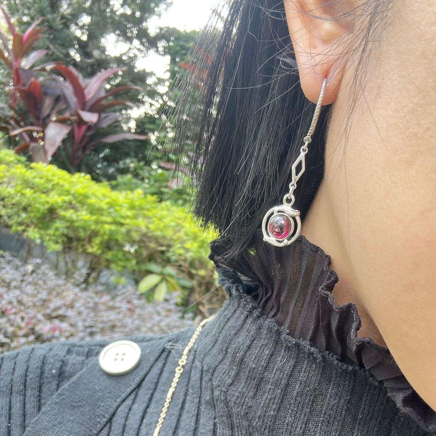 Garnet Asymmetric Sterling Silver Earring