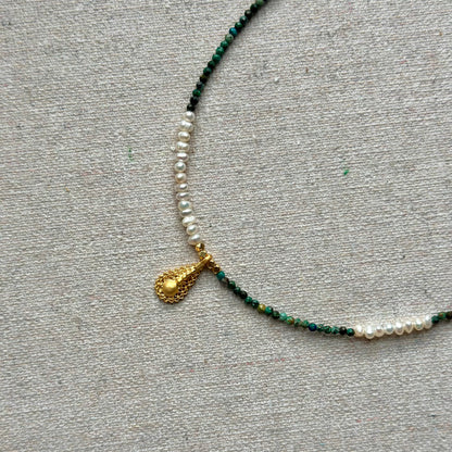 Chrysocolla And Freshwater Pearl Beaded Necklace